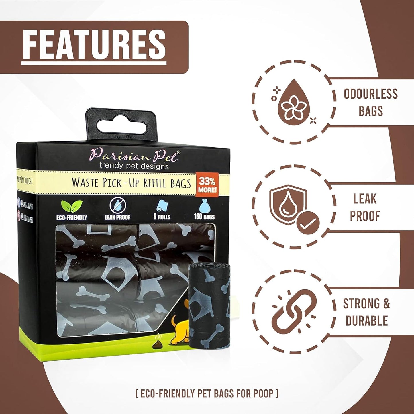 Eco-Friendly Dog Poop Bags, 8 Rolls, 20 Bags per Roll, Unscented, Leak-Proof, Perfect for Cleaning up after Your Pet